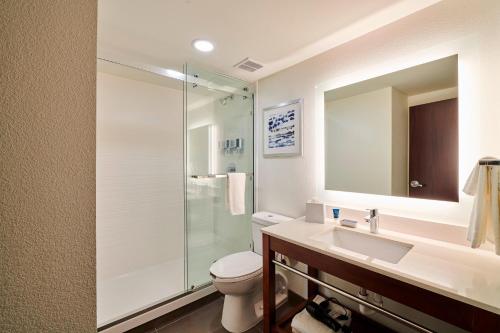 a bathroom with a toilet and a sink and a shower at Four Points by Sheraton Cleveland-Eastlake in Eastlake