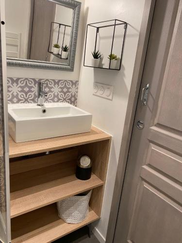 une salle de bain avec un lavabo et un miroir dans l'établissement La Maison Du Parc 1er étage, à Balaruc-les-Bains