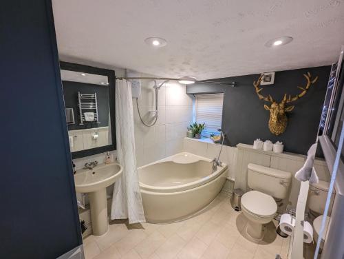 a bathroom with a tub and a toilet and a sink at Rush Hill Cottage - with parking for 2 cars in Bath