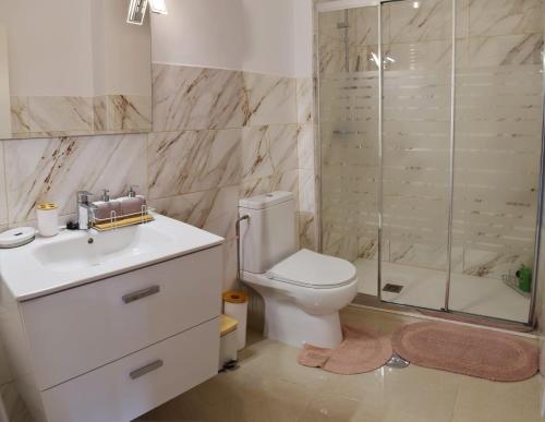 a bathroom with a toilet and a shower and a sink at Casa De La Paz in Ronda