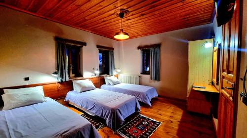 a bedroom with two beds and a wooden ceiling at Vikos View in Aristi