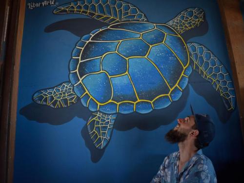 a man standing in front of a painting of a sea turtle at Mar de Fondo Hostel in Punta Del Diablo