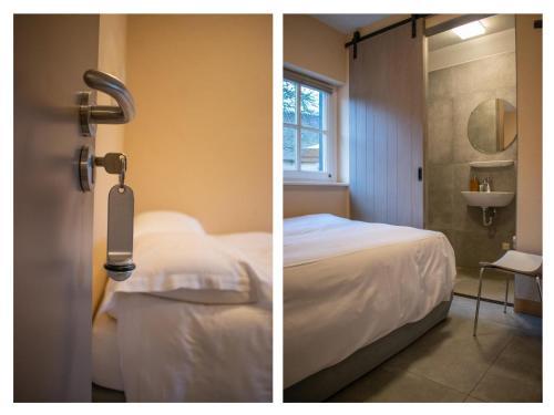twee foto's van een slaapkamer met een bed en een badkamer bij Jager en Hooijmijt in Gouwelaar
