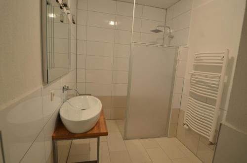 ein weißes Bad mit einem Waschbecken und einer Dusche in der Unterkunft Am Schlosspark - App Seestern in Glücksburg