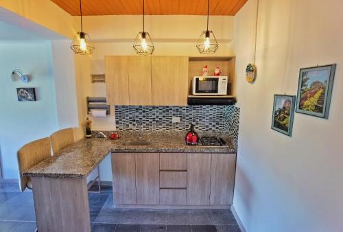 a kitchen with a sink and a microwave at Descanso Bajo La Piedra Del Peñol in Guatapé