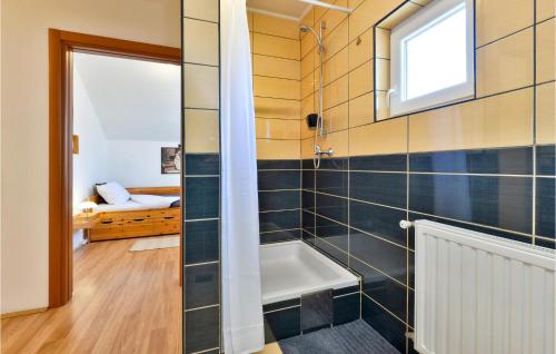 uma casa de banho com uma banheira e uma janela em Stunning Home In Hrebinec With House A Panoramic View em Hrebinec