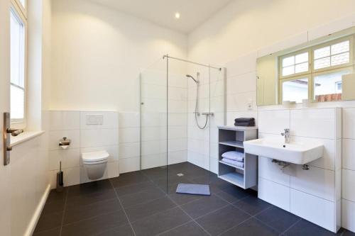 ein Bad mit einem Waschbecken, einer Dusche und einem WC in der Unterkunft Soltausche Buchdruckerei - Whg 01 in Norderney