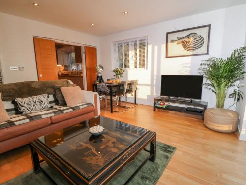 a living room with a couch and a tv at A Stone's Throw in Torpoint