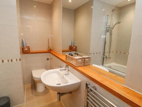 a bathroom with a sink and a toilet and a shower at A Stone's Throw in Torpoint