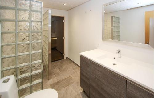 ein Badezimmer mit einem Waschbecken, einem WC und einem Spiegel in der Unterkunft Awesome Home In Sams With Sauna in Nordby
