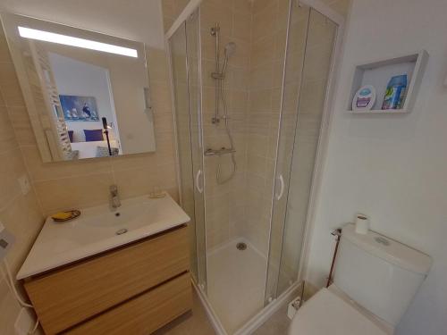 une salle de bain avec une douche, un lavabo et des toilettes dans l'établissement Studio rénové à Port-Louis, proche plage et centre, jardin commun, 2 couchages, WiFi inclus - FR-1-349-143, à Port-Louis