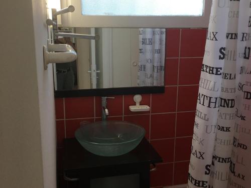 une salle de bain avec un lavabo vert et un miroir dans l'établissement Appartement 2 pièces avec terrasse près de la plage - Merville-Franceville - FR-1-487-311, à Merville-Franceville-Plage