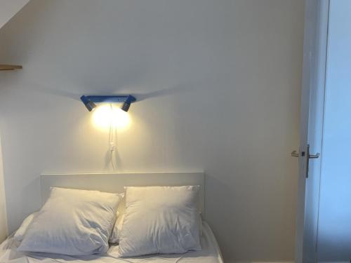 - un lit avec 2 oreillers et un éclairage au-dessus dans l'établissement Appartement 2 Pièces à Cabourg, Proche Plage et Thalasso, Balcon, Wifi, 4 Pers - FR-1-487-315, à Cabourg