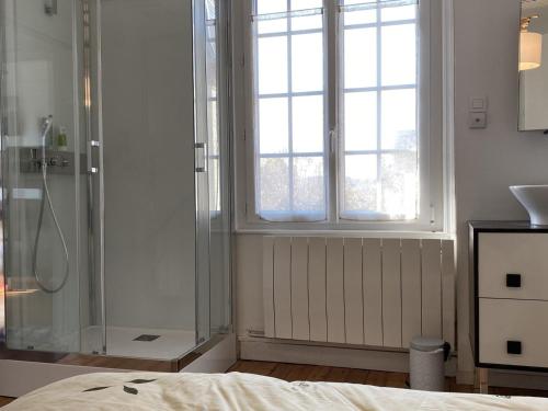 La salle de bains est pourvue d'une douche, d'un lit et d'une fenêtre. dans l'établissement Maison Cabourg, 4 pièces, 4 personnes - FR-1-487-326, à Cabourg