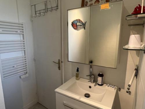 une salle de bain avec un lavabo, un miroir et une douche dans l'établissement Appartement 2 pièces avec balcon proche centre-ville - FR-1-487-334, à Cabourg