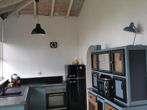 La cuisine est équipée d'un réfrigérateur noir et d'un four micro-ondes. dans l'établissement Maison avec jardin, proche océan, 6 pers, 3 ch, animations, BBQ, parfait famille/amis - FR-1-50-81, à Mimizan