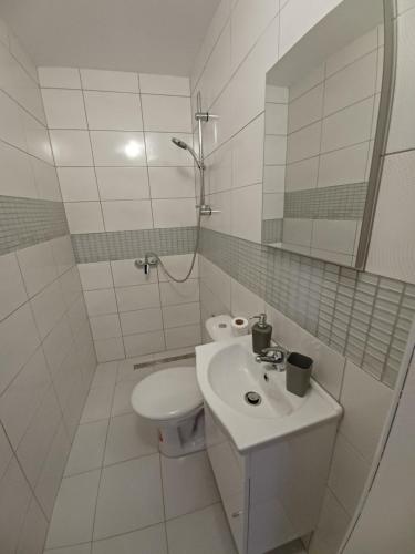 a white bathroom with a toilet and a sink at Aquas AP in Petrijanec