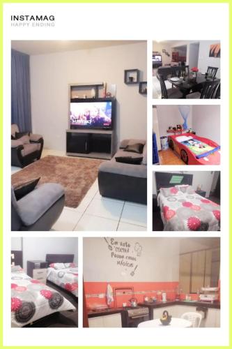 eine Collage mit Bildern eines Wohnzimmers mit einem TV in der Unterkunft Apartamento familiar in Trujillo