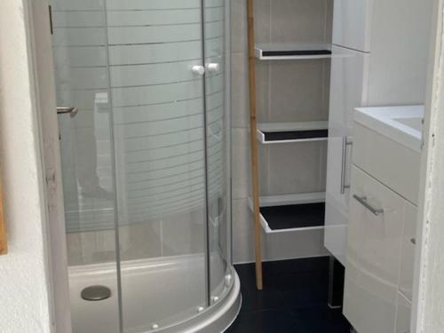 a bathroom with a glass shower and a sink at Maison de charme 3* avec WIFI, jardin clos, véranda, à 350m du port à Perros-Guirec - FR-1-368-254 in Perros-Guirec