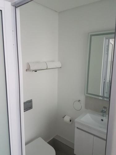 a bathroom with a toilet and a sink and a mirror at 1 Albert Studio Apartment in Cape Town