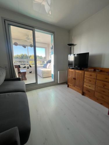 a living room with a flat screen tv and a couch at La désirade full south in La Ciotat