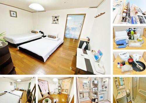 a collage of pictures of a room with two beds at PetitHotel017全室ミニキッチン付きファミリルーム 飲食街中心 阿波踊り会館7分 文理 徳島大学 アスティとくしま車8分 in Tokushima