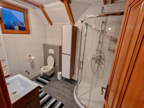 a bathroom with a shower and a toilet and a sink at Holiday home Marta in nature with jacuzzi in Gospić