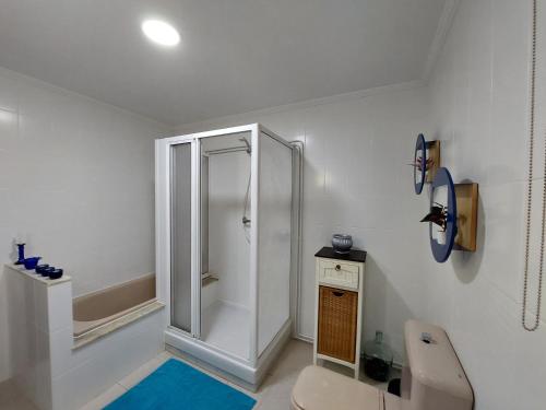 La salle de bains blanche est pourvue d'une douche et de toilettes. dans l'établissement Acogedora Casa de campo- BAJO con finca-, à Neda