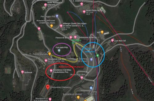 a map of a parking lot with red blue and yellow circles at Appartamento Numero2 - Edelweiss Pila in Pila