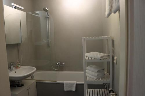 alexxanders Apartments & Studios في شيمنيتز: حمام مع حوض ودش ومغسلة