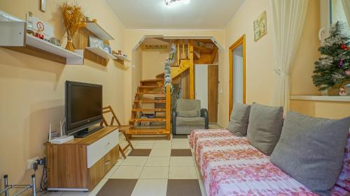 a living room with a couch and a tv at Apartament Simon Brasov in Braşov