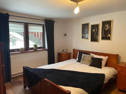 Schlafzimmer mit einem Bett und einem Fenster in der Unterkunft Apartamenty i pokoje u Staszelów in Poronin