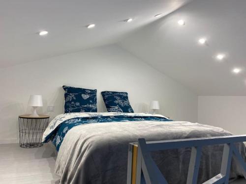 a white bedroom with a large bed with blue pillows at Logement avec mezzanine in Tremblay-En-France