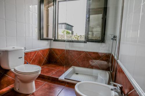 a bathroom with a toilet and a sink and a window at Villa Horizon Sunset y Ocean Lanzarote in Mácher