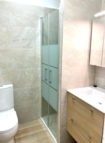 une salle de bain avec une douche, des toilettes et un lavabo dans l'établissement Residence le Florence, à Nice