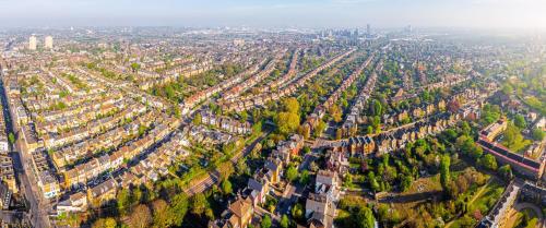 an aerial view of a city with trees and buildings at Nice studio in london in London