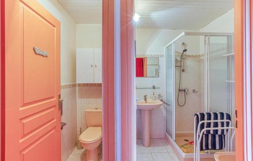 a bathroom with a toilet and a sink and a shower at Awesome Home In Castelnau-d-mandailles With Outdoor Swimming Pool, Wifi And 2 Bedrooms in Castelnau-de-Mandailles