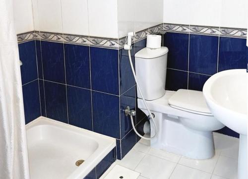 a blue and white bathroom with a toilet and a sink at Red Sea Relax Hotel in Dahab