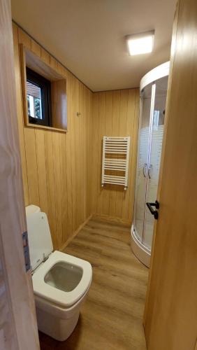 ein Bad mit einem WC und einer Dusche in der Unterkunft Monoambiente cálido y cómodo, ubicado en el centro de SMA. 11V5 in San Martín de los Andes