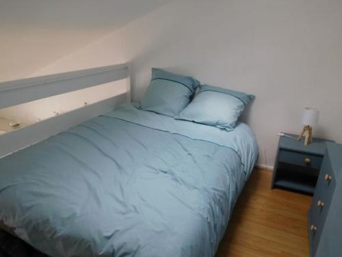 une chambre avec un lit avec des oreillers bleus dessus dans l'établissement Maison 4 pers à La Faute-sur-Mer, proche plage et commerces, parking privé, séjour avec jardin - FR-1-476-184, à La Faute-sur-Mer