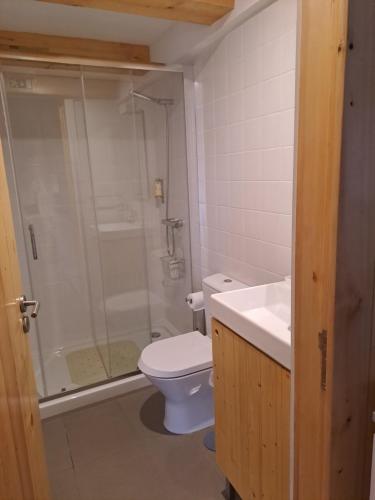 W łazience znajduje się prysznic, toaleta i umywalka. w obiekcie Quinta do Santinho w mieście Amarante