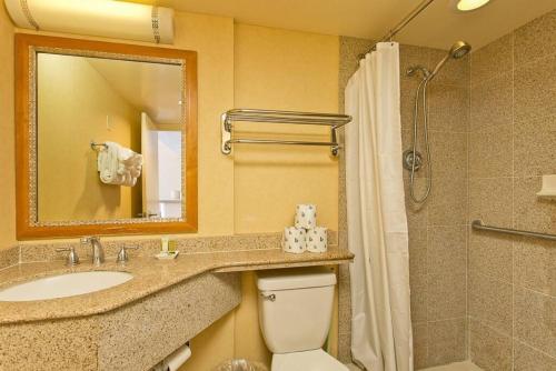 a bathroom with a toilet and a sink and a shower at Ilikai Apt 308 - Spacious Studio with Stunning Ocean & Harbor Views in Honolulu