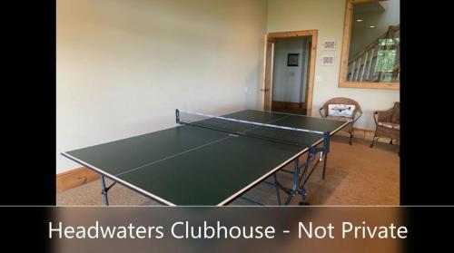 a ping pong table with a net in a room at Headwaters Hideaway in Elk Park