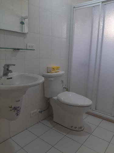 馬公市的住宿－君樂民宿 ，浴室配有卫生间、盥洗盆和淋浴。