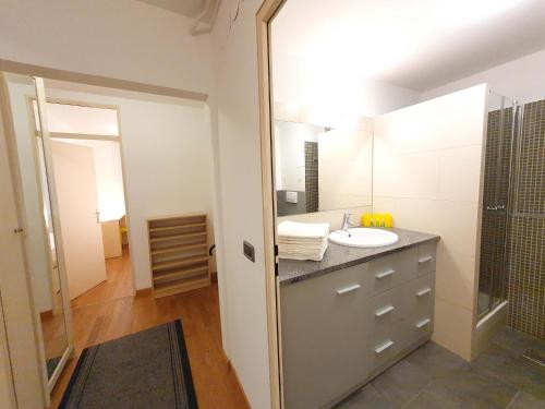 La salle de bains est pourvue d'un lavabo et d'un miroir. dans l'établissement Apartment Eva Tour As Ljubljana, à Ljubljana