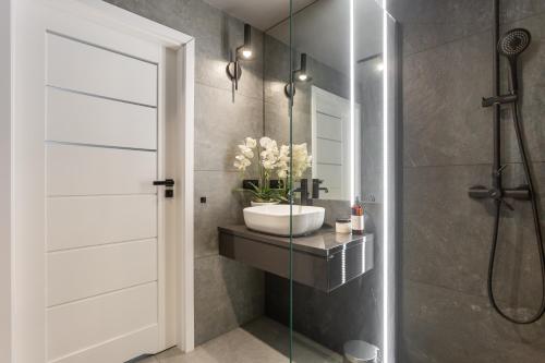 a bathroom with a sink and a glass shower door at Family Center Apartments in Kraków