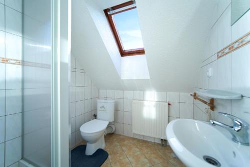 łazienka z toaletą i umywalką w obiekcie Penzion U Zatoky w mieście Horní Planá
