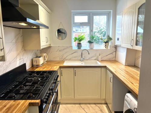 uma cozinha com um lavatório e um fogão forno superior em Lovely Single Room em Hither Green