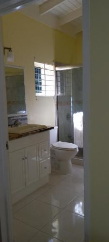 La salle de bains blanche est pourvue de toilettes et d'un lavabo. dans l'établissement Modrians, à Runaway Bay