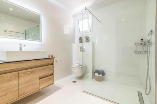 een badkamer met een douche, een toilet en een wastafel bij Villa Astoria Limni Keriou in Kerion